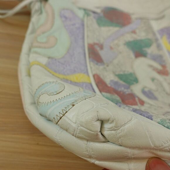 70s Vintage Patchwork Purse Bucket Drawstring Large Faux Leather Bag Hobo Whimsy - Picture 12 of 15